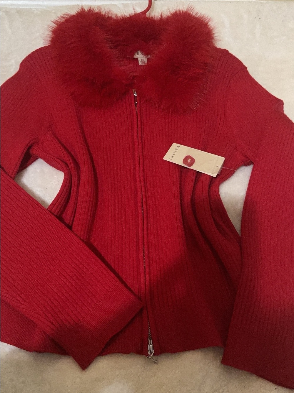 Venini Vibrant Red Ribbed Zip Jacket with Faux Fur Collar
